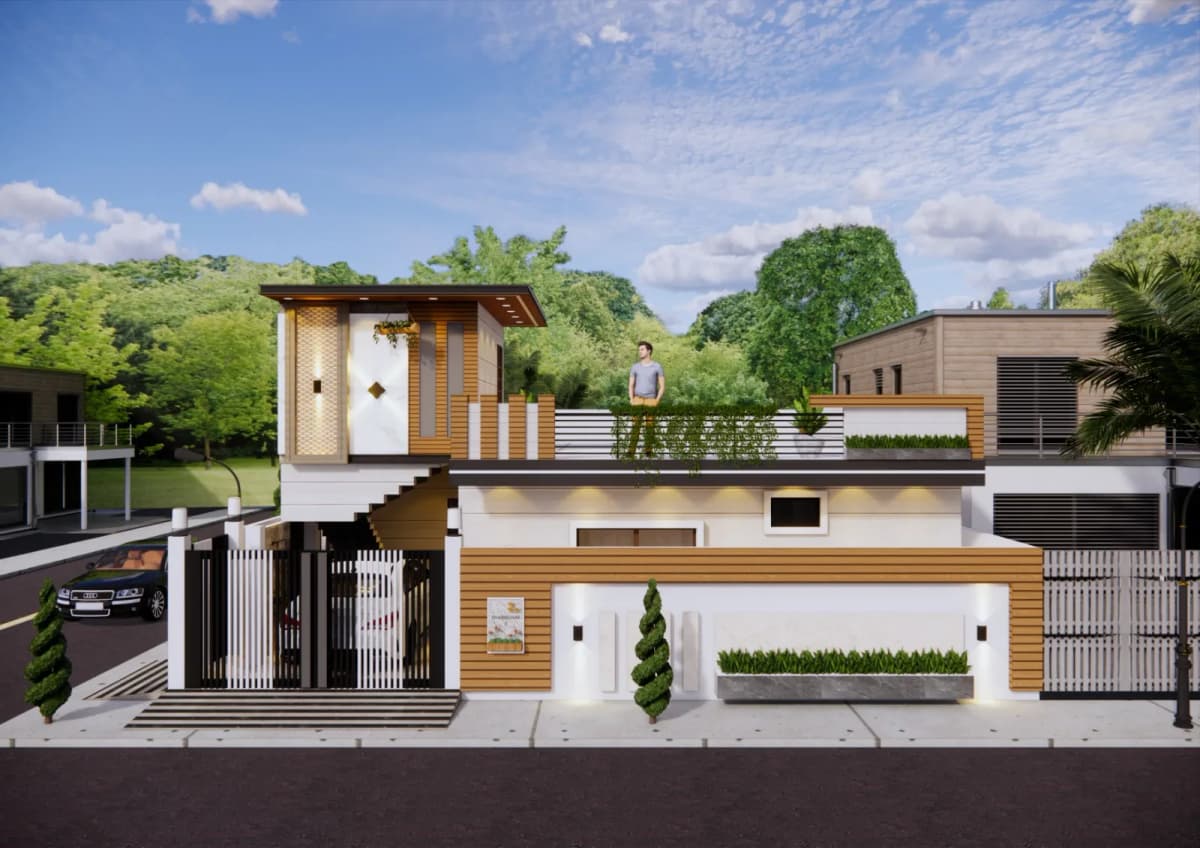 Modern white house with a lawn